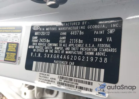 2013 Kia Optima Sx z USA, uszkodzony, nr VIN 5XXGR4A62DG219738